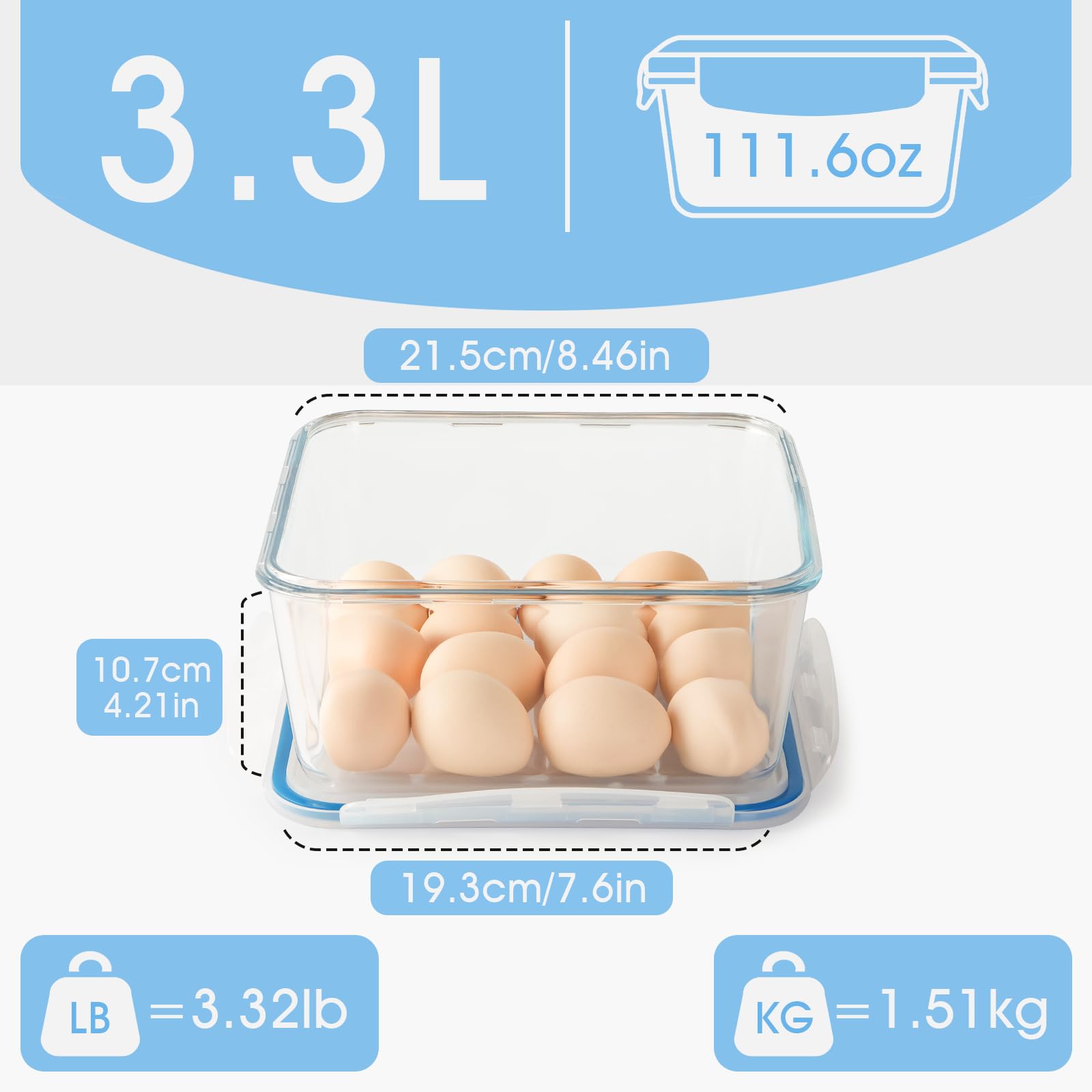 NUTRIUPS 3.3L Large Glass Food Storage Container with Airtight Lid