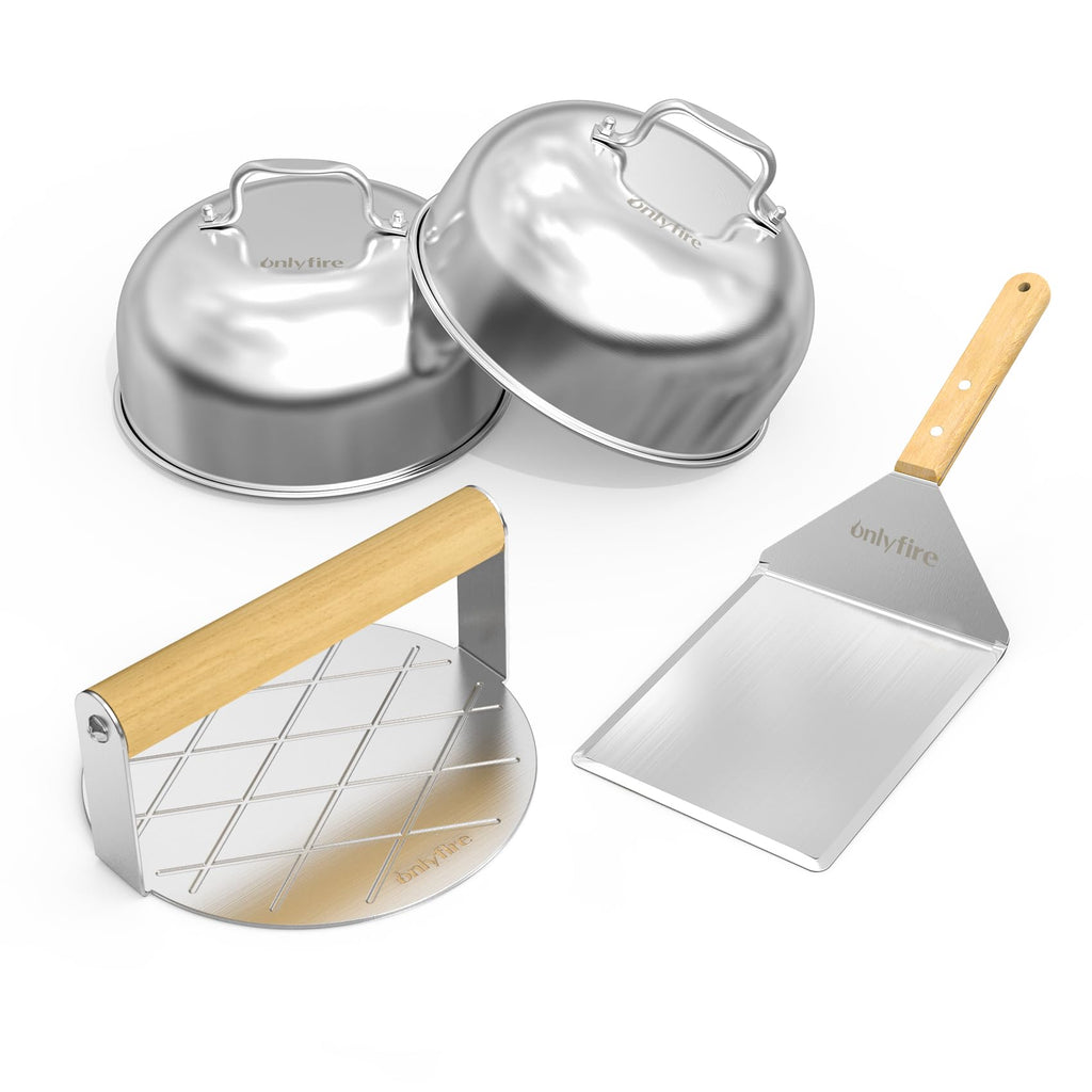 Onlyfire BBQ Griddle Accessories Kit – Stainless Burger Press & Melting Dome