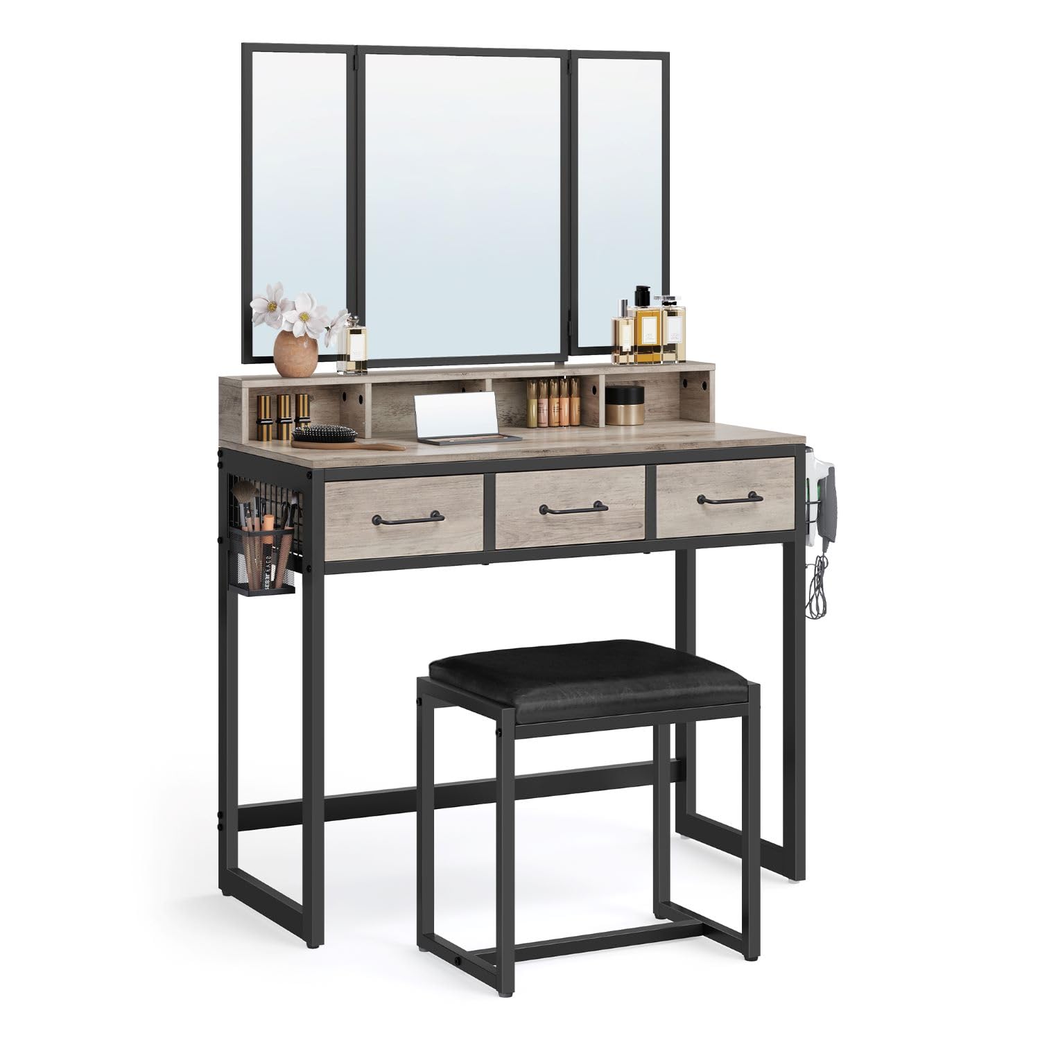 VASAGLE Industrial Dressing Table with 3-Piece Mirror and Stool – Greige
