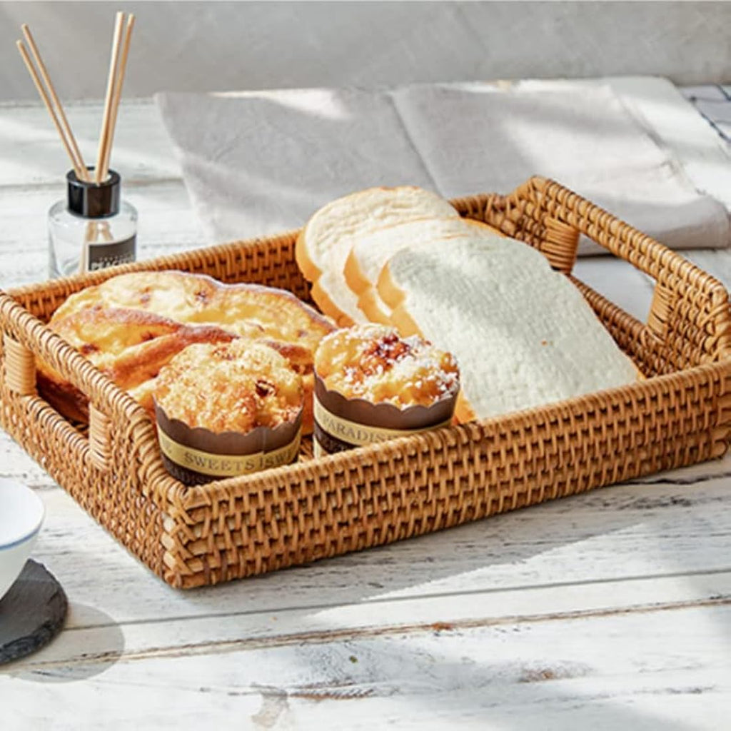 Hand-Woven Rattan Serving Tray with Handles – 17 Inch Rectangular