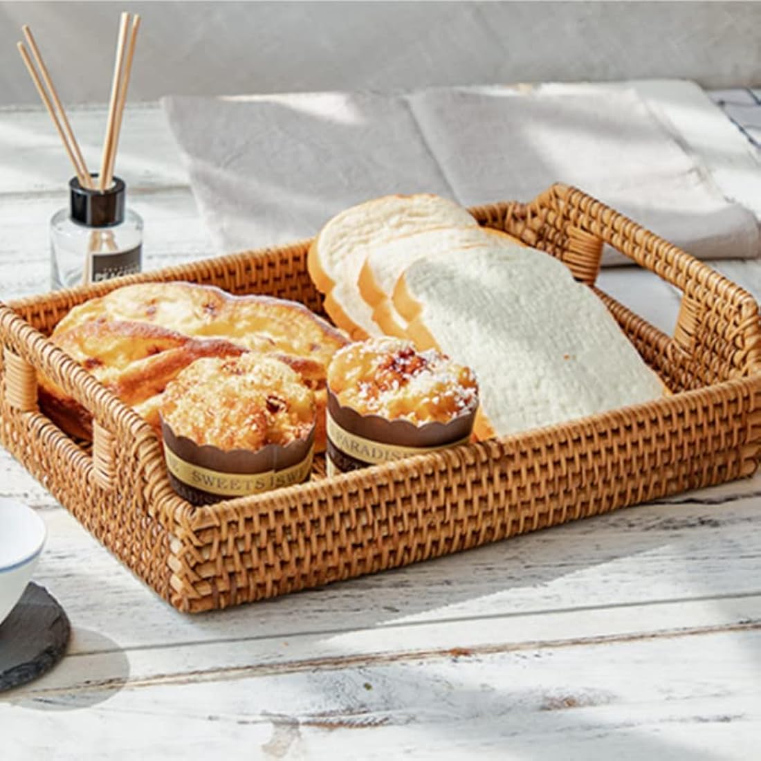 Hand-Woven Rattan Serving Tray with Handles – 17 Inch Rectangular