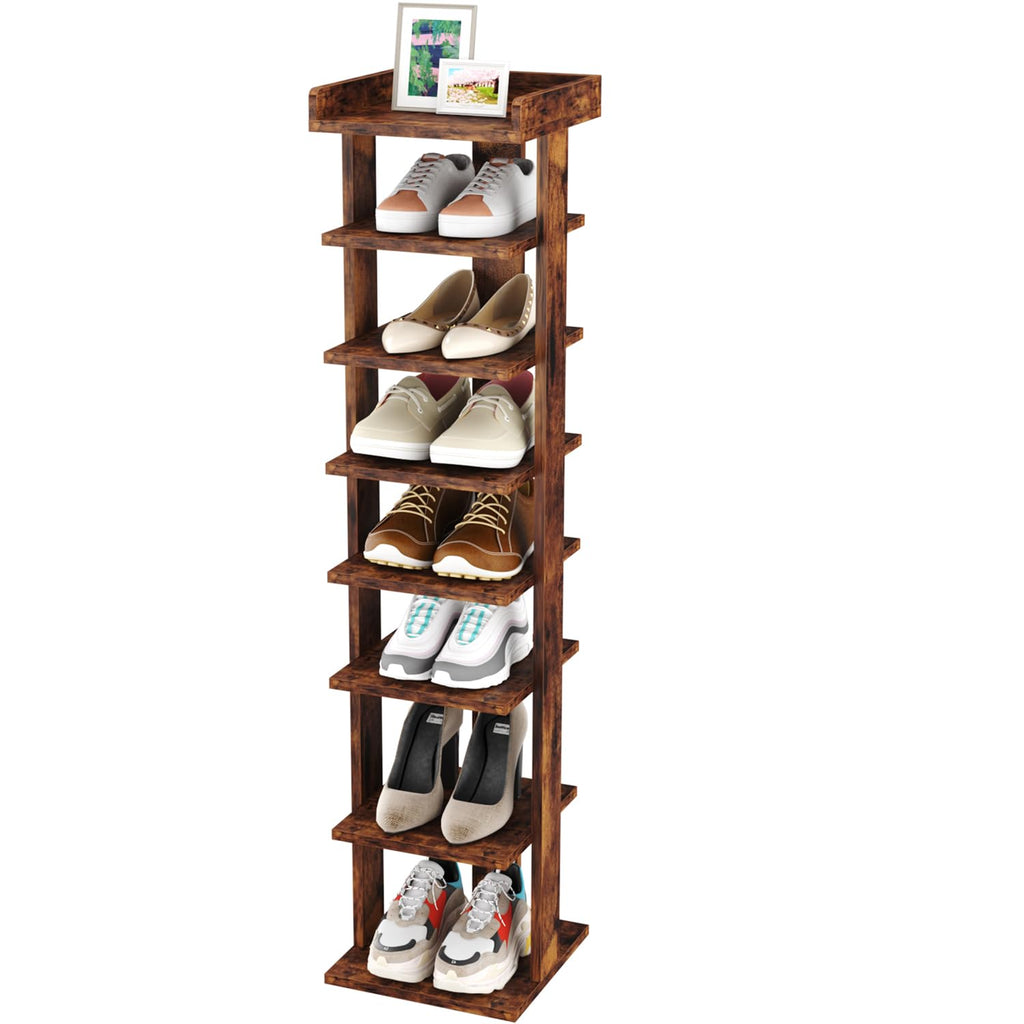HOME BI 7-Tier Narrow Shoe Rack – Slim Wooden Corner Storage, Rustic Brown
