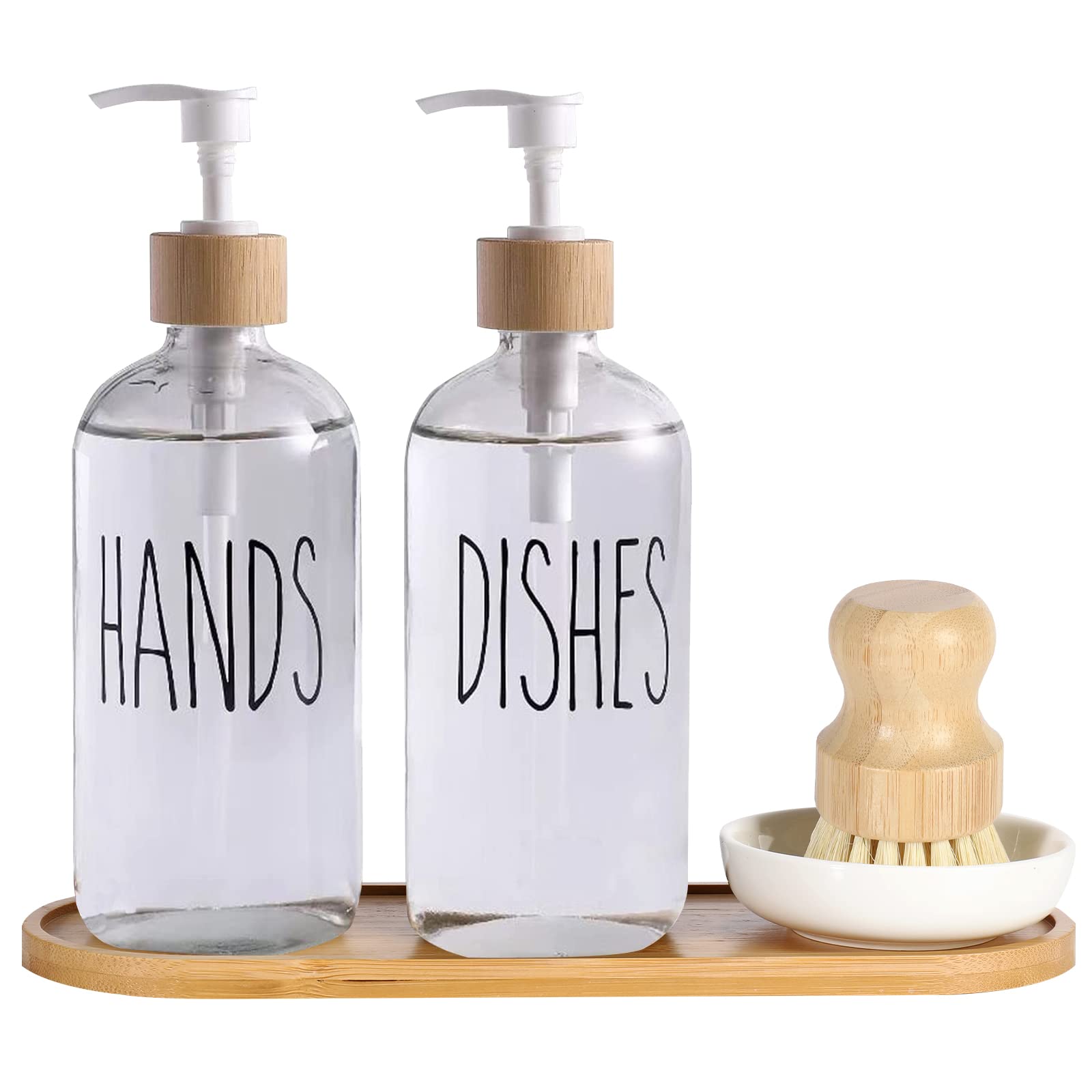 2-Pack Glass Soap Dispenser Set with Tray & Bamboo Brush