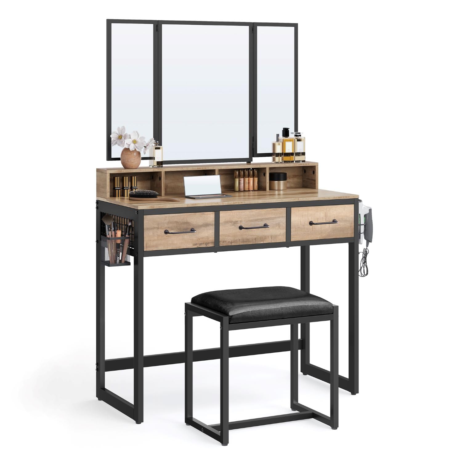 VASAGLE Industrial Vanity Table with Tri-Fold Mirror and Stool – Camel