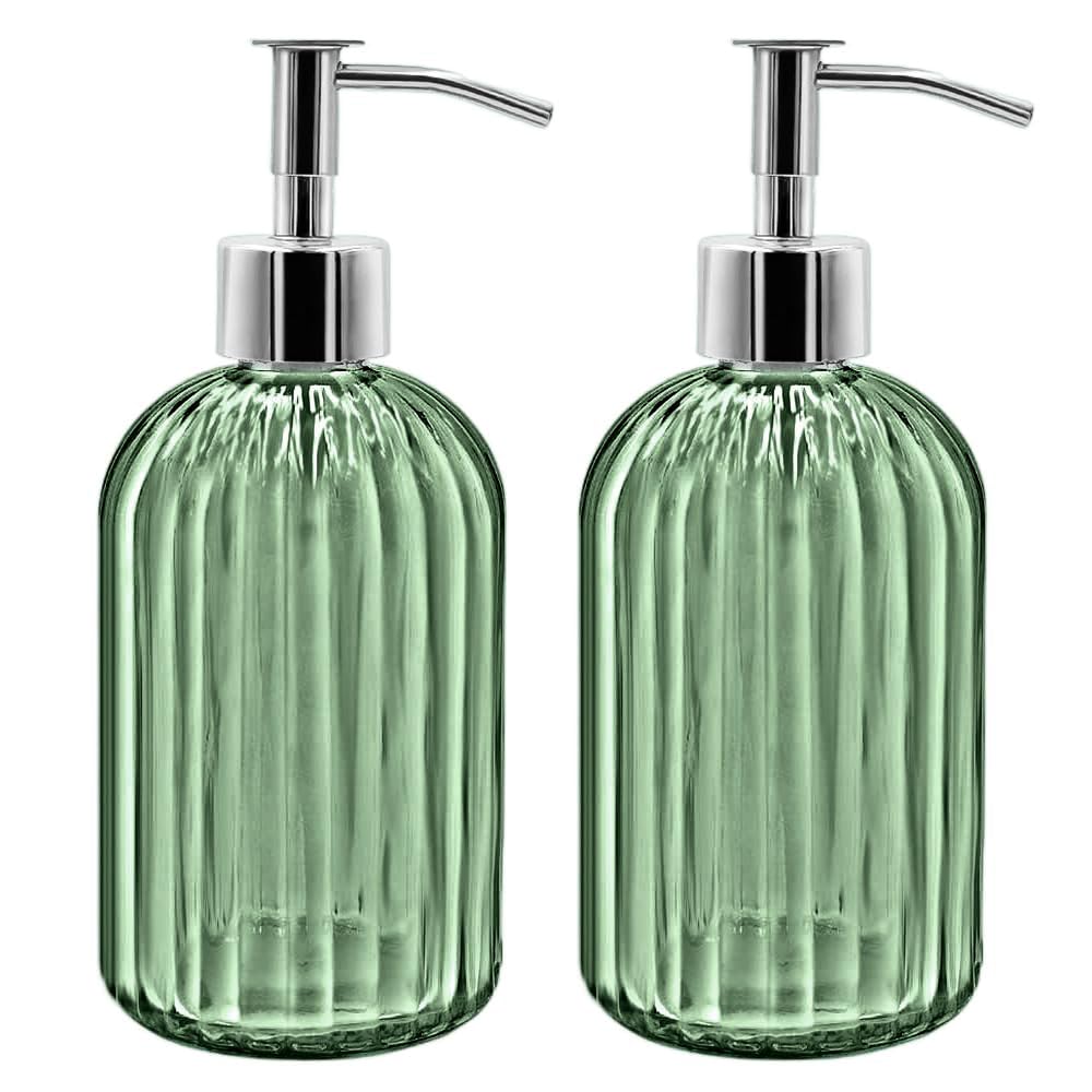 2-Pack Glass Soap Dispenser Set | 14oz Light Green Refillable