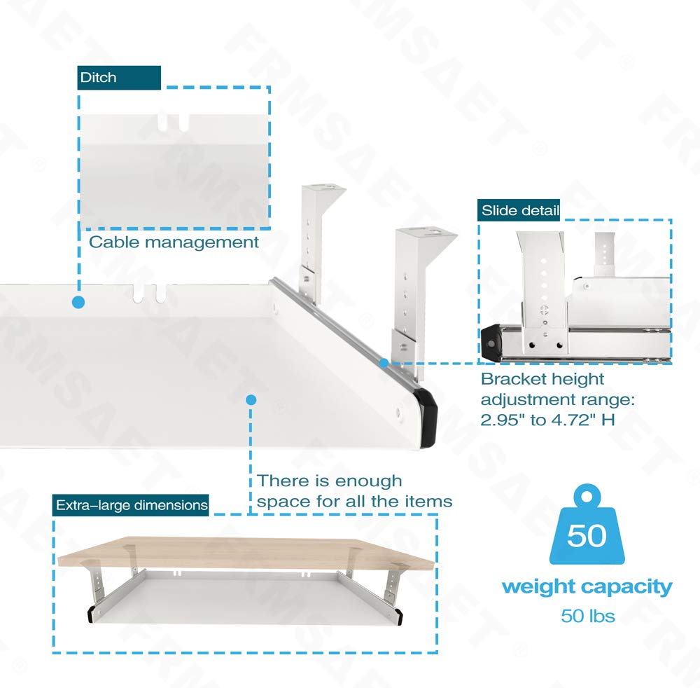 FRMSAET All-Metal 53 cm/60 cm/76 cm Under Desk Keyboard Tray60 cm, White