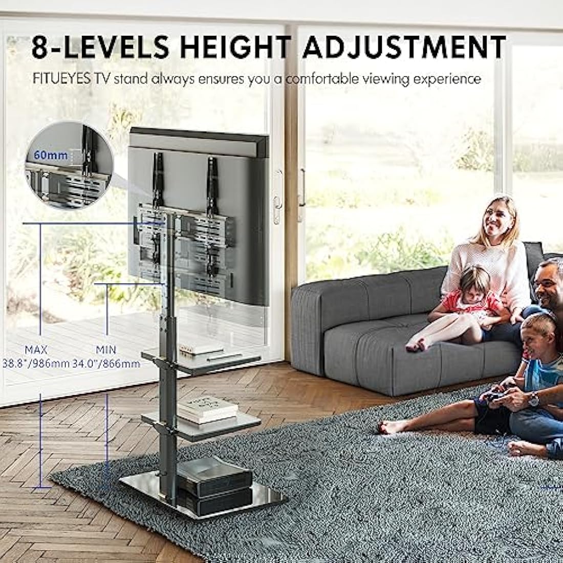 FITUEYES TV Floor Stand for 32-60 Inch | Swivel Mount with 2 Shelves
