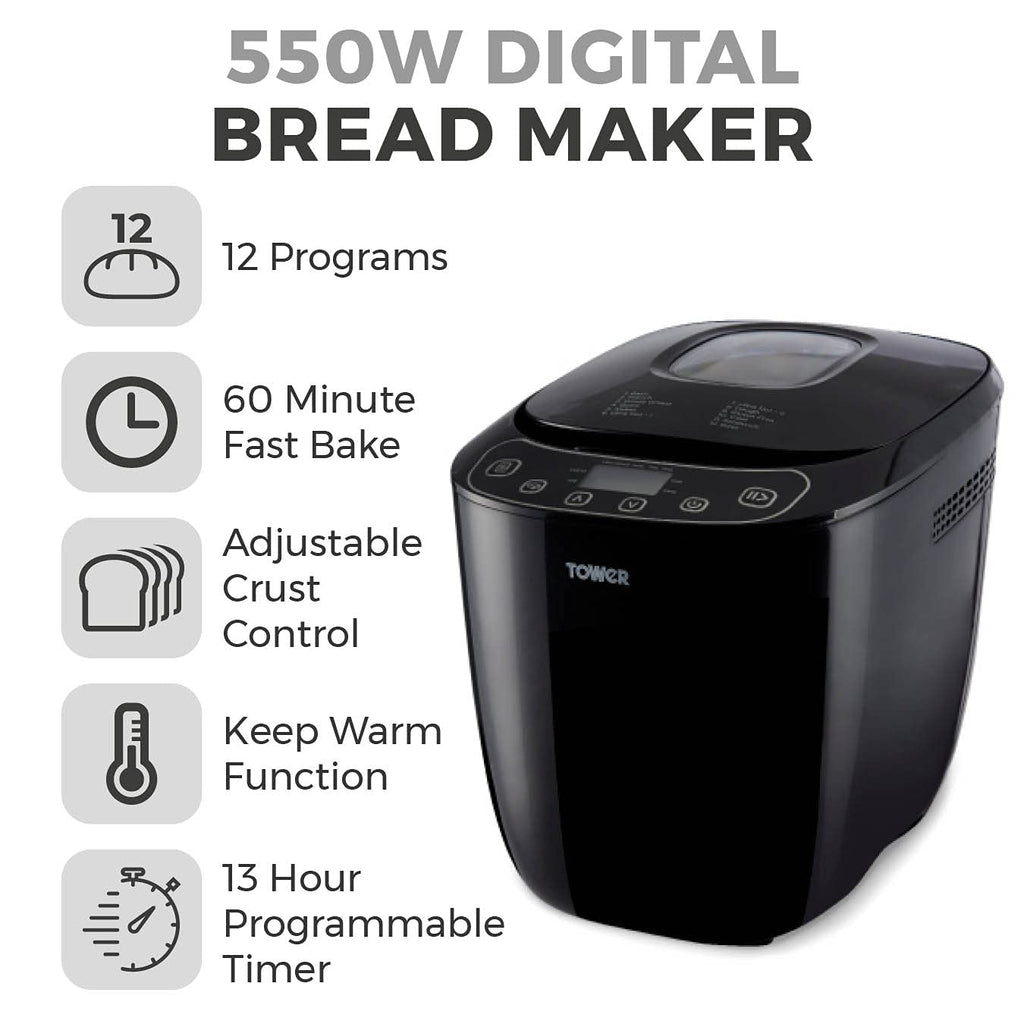 Tower T11003 Digital Bread Maker – 12 Programs & 2lb Capacity