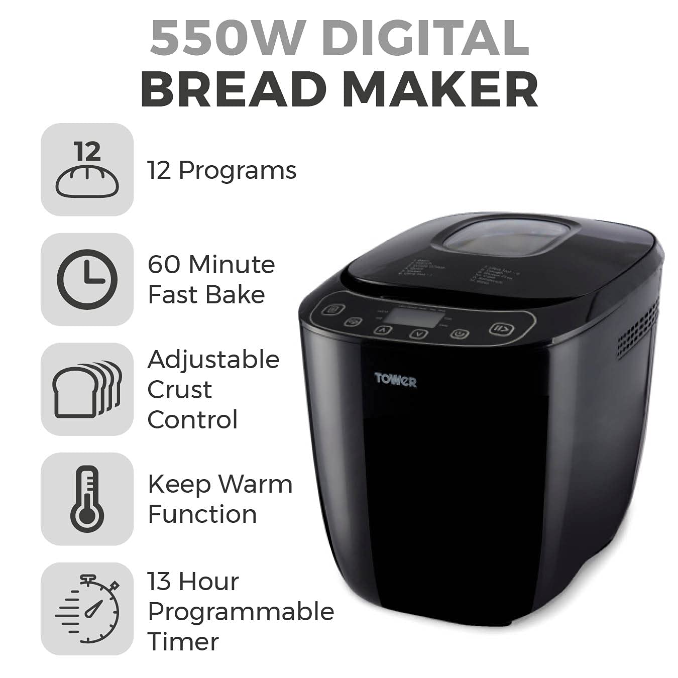 Tower T11003 Digital Bread Maker – 12 Programs & 2lb Capacity