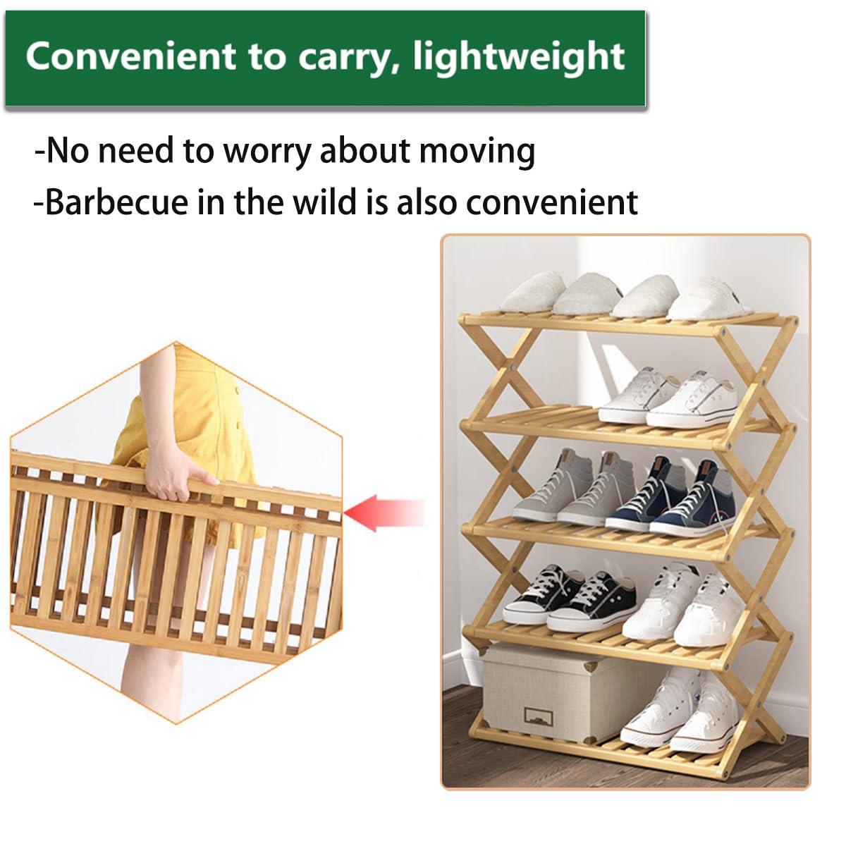 Glsety 5-Tier Bamboo Shoe Rack – Foldable No-Assembly Storage Organizer