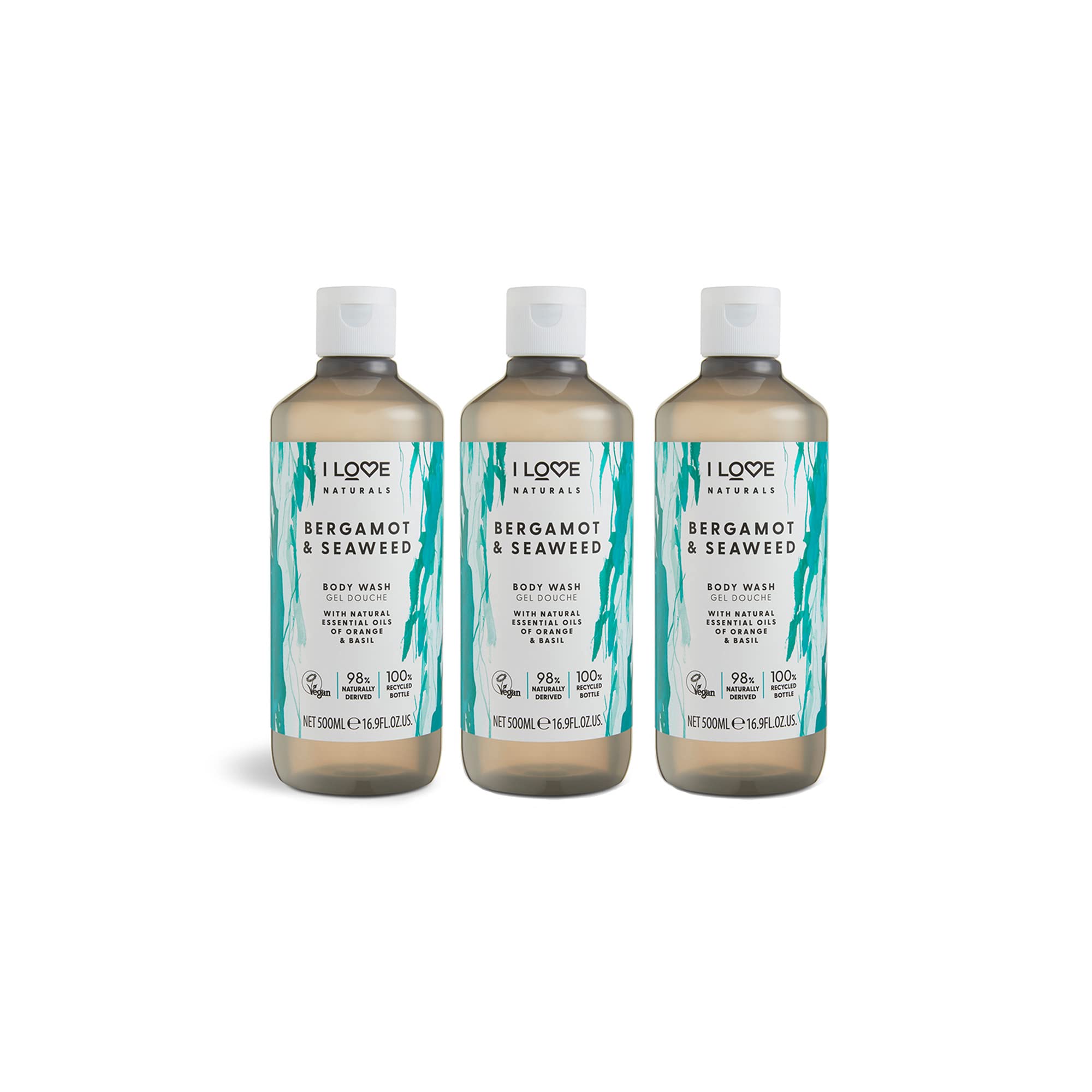 I LOVE Naturals Bergamot & Seaweed Body Wash - Vegan Shower Gel 3x500ml