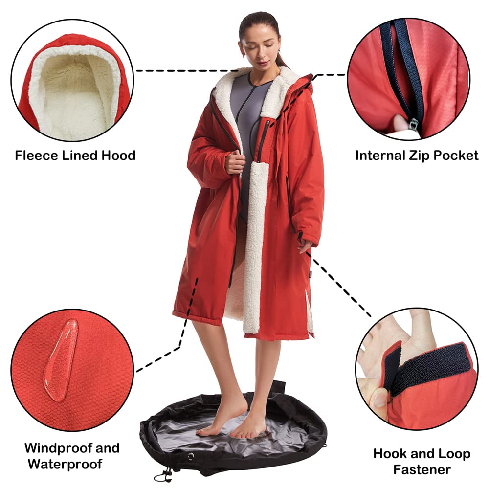 Hiturbo Waterproof Changing Robe – Fleece Lined Surf Poncho Coat in Red