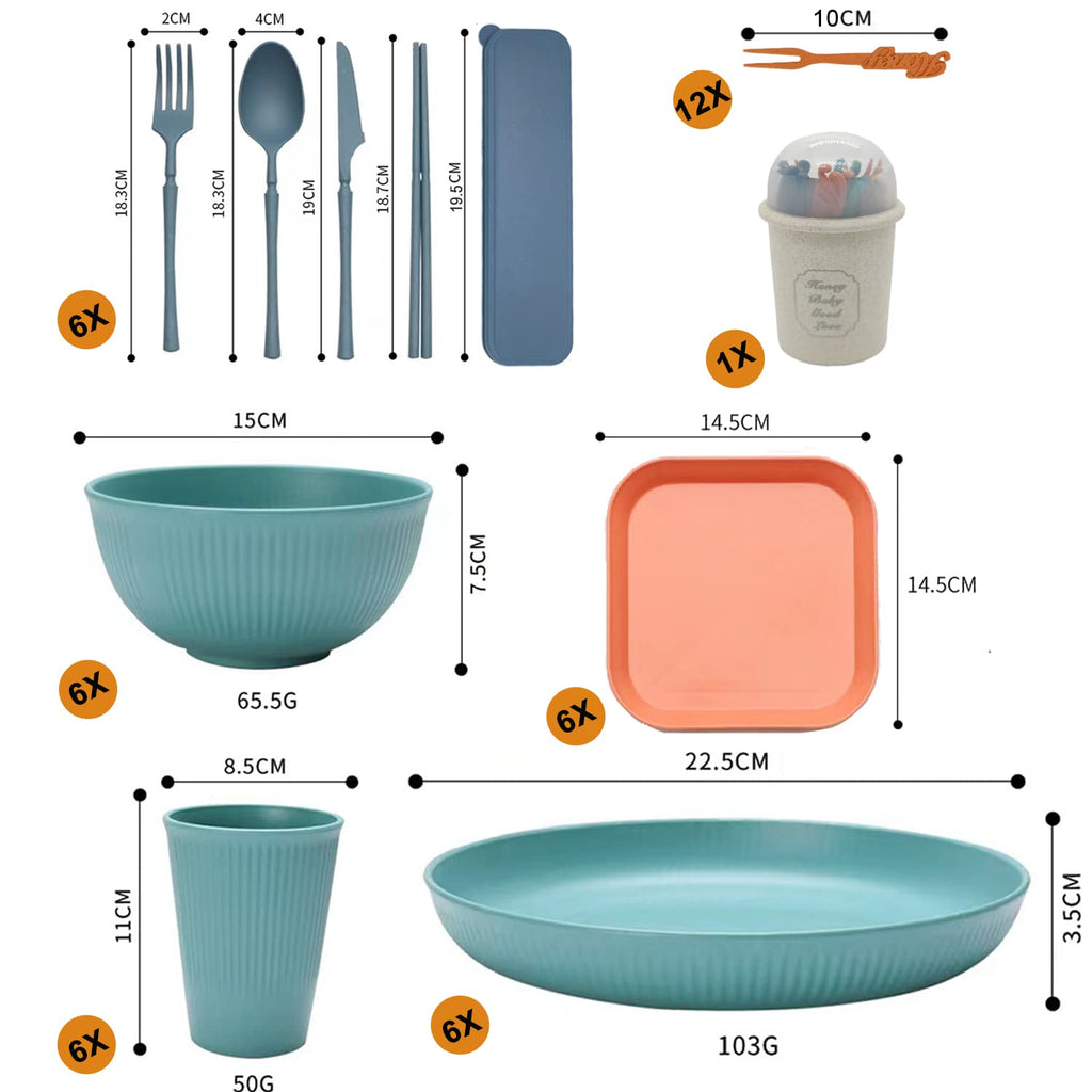 YEEBECA 67-Piece Unbreakable Camping Dinnerware Set for 6 | BPA-Free