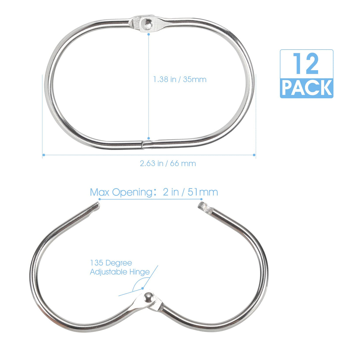 Goowin Shower Curtain Hooks, 12 Pcs Shower Curtain Rings Rust Proof Metal Oval Rings Clasp Closed Shower Curtain Rings for Bathroom Shower Rods - image 5