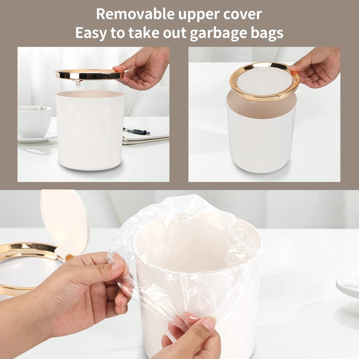 JEEZAO Mini Desktop Bin, Desk Trash Can with Lid, 2.6L Small Plastic Waste Table Bin for Bathroom, Office, Dressing Table, Kitchen White - image 4