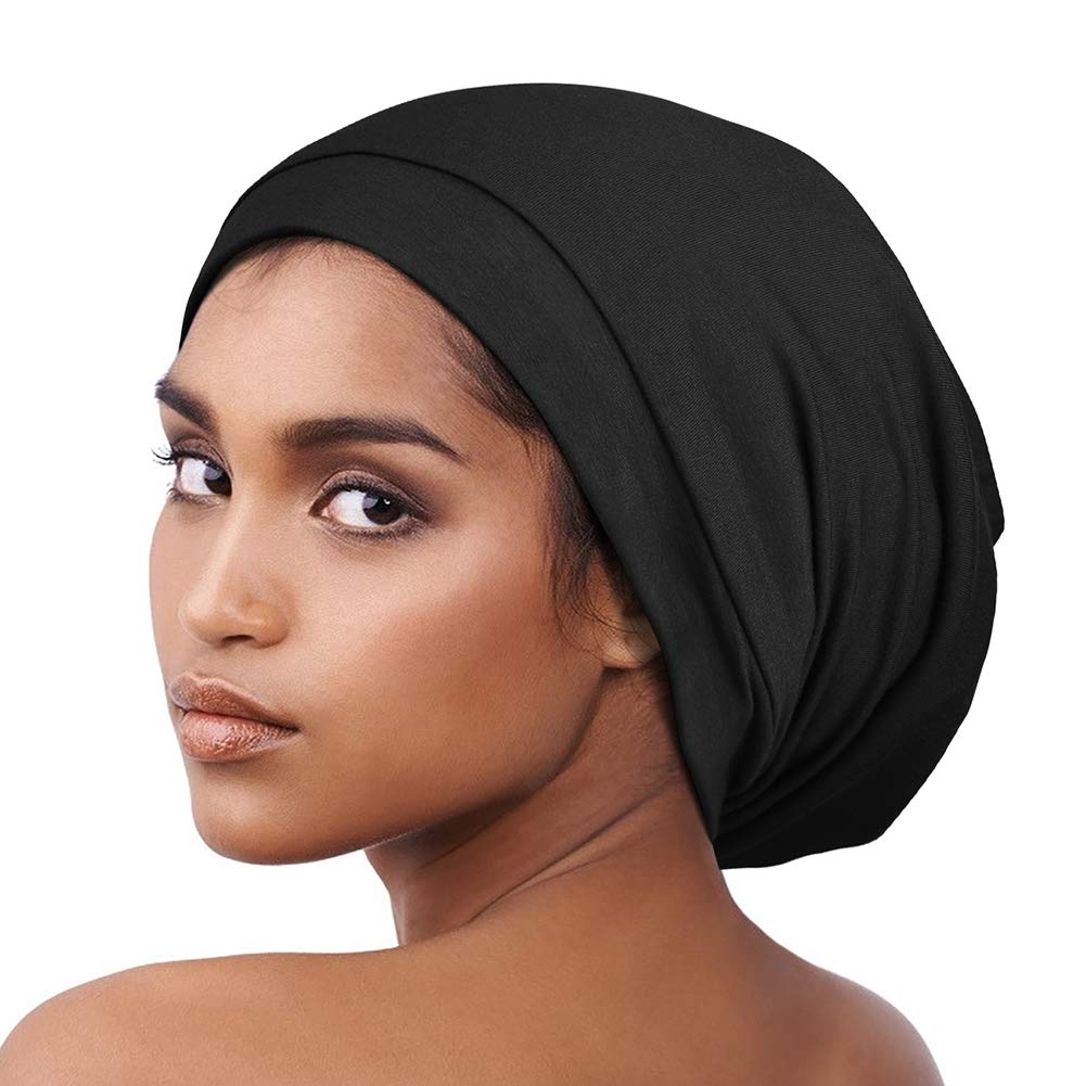 Alnorm Satin Lined Bonnet – Slouchy Beanie Sleep Cap for Curly Hair, Black