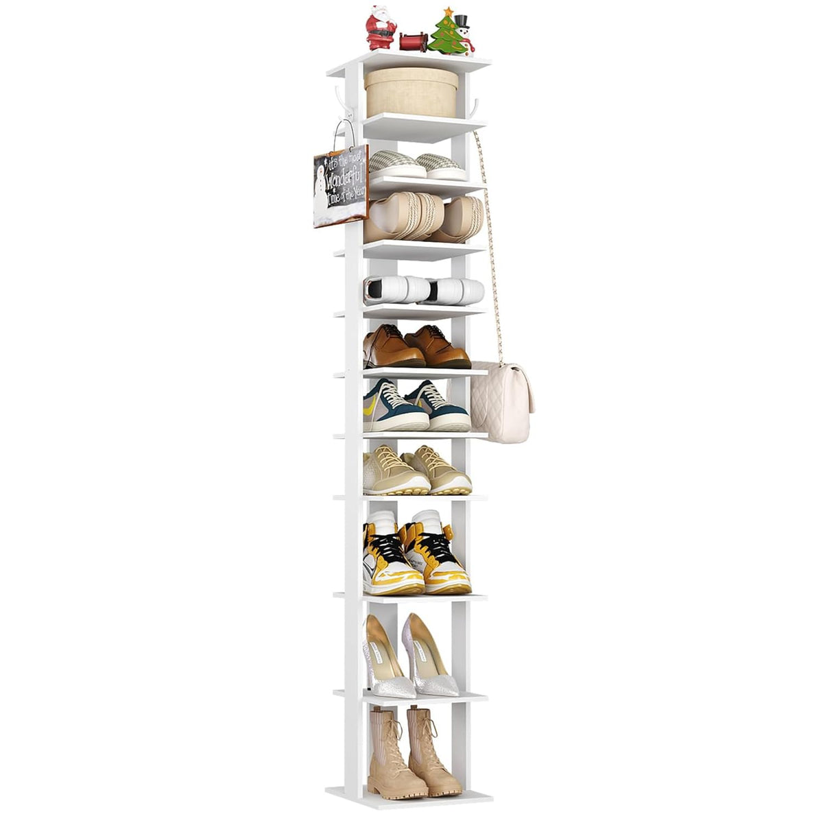 HOME BI 11-Tier Vertical Shoe Rack, Corner Shoe Tower, Slim Shoe Organizer with Two Hanging Hooks, Wooden Shoe Storage Stand for Entryway, Hallway - image 1