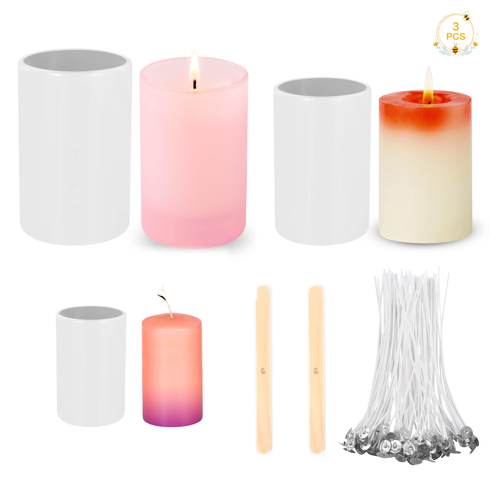 Ruicaifu 3-Piece Silicone Pillar Candle Mould Set with Wicks & Holders