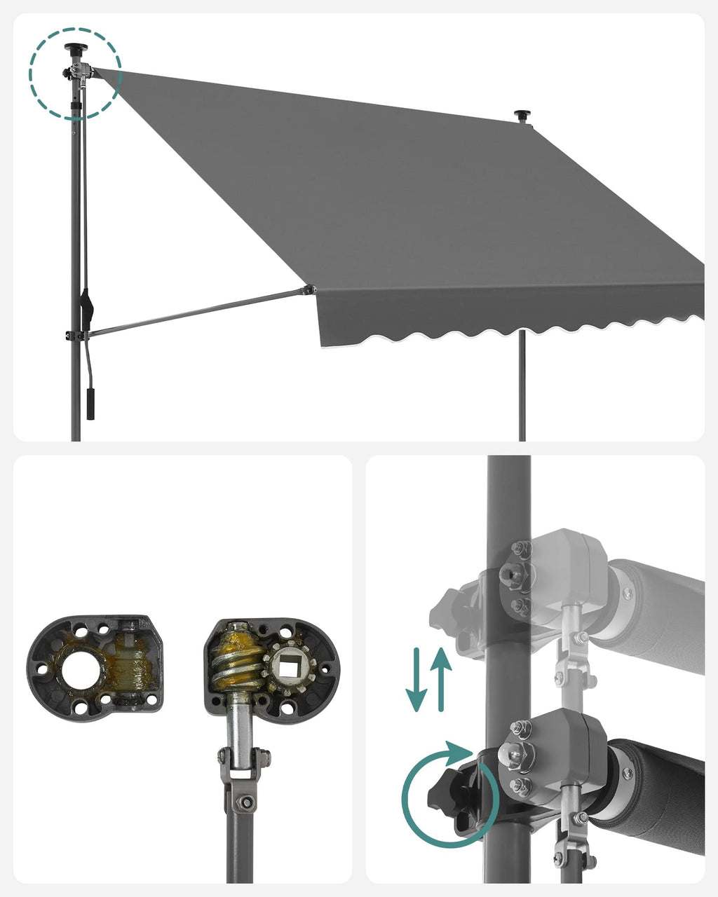 SONGMICS Clamp Awning | 300 x 130 cm Height-Adjustable Balcony Shade – Anthracite
