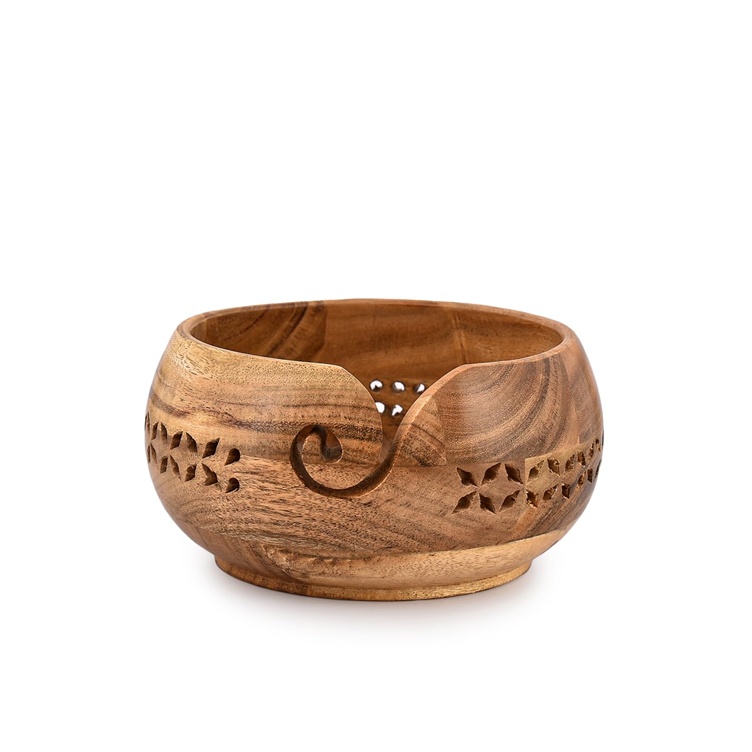 SAMHITA Hand Carved Acacia Wood Yarn Bowl Holder for Knitting - 7x7x4"