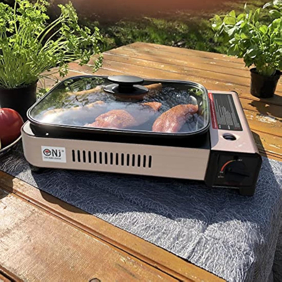 NJ Portable Gas BBQ Grill – 2.2kW Tabletop Camping Stove with Lid