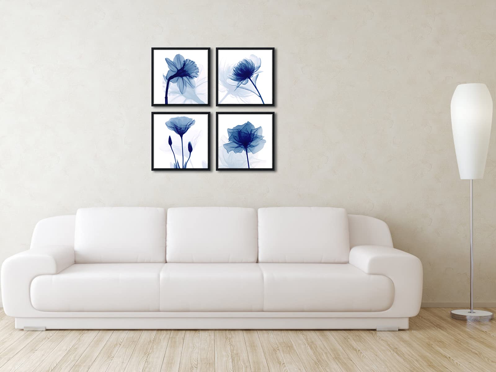 Wieco Art Blue Flickering Flower Framed Canvas Wall Art - 4 Panels