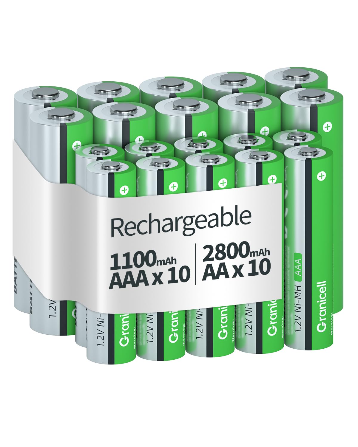 Granicell 20-Pack AA & AAA Rechargeable Ni-MH Batteries, 1.2V High-Capacity
