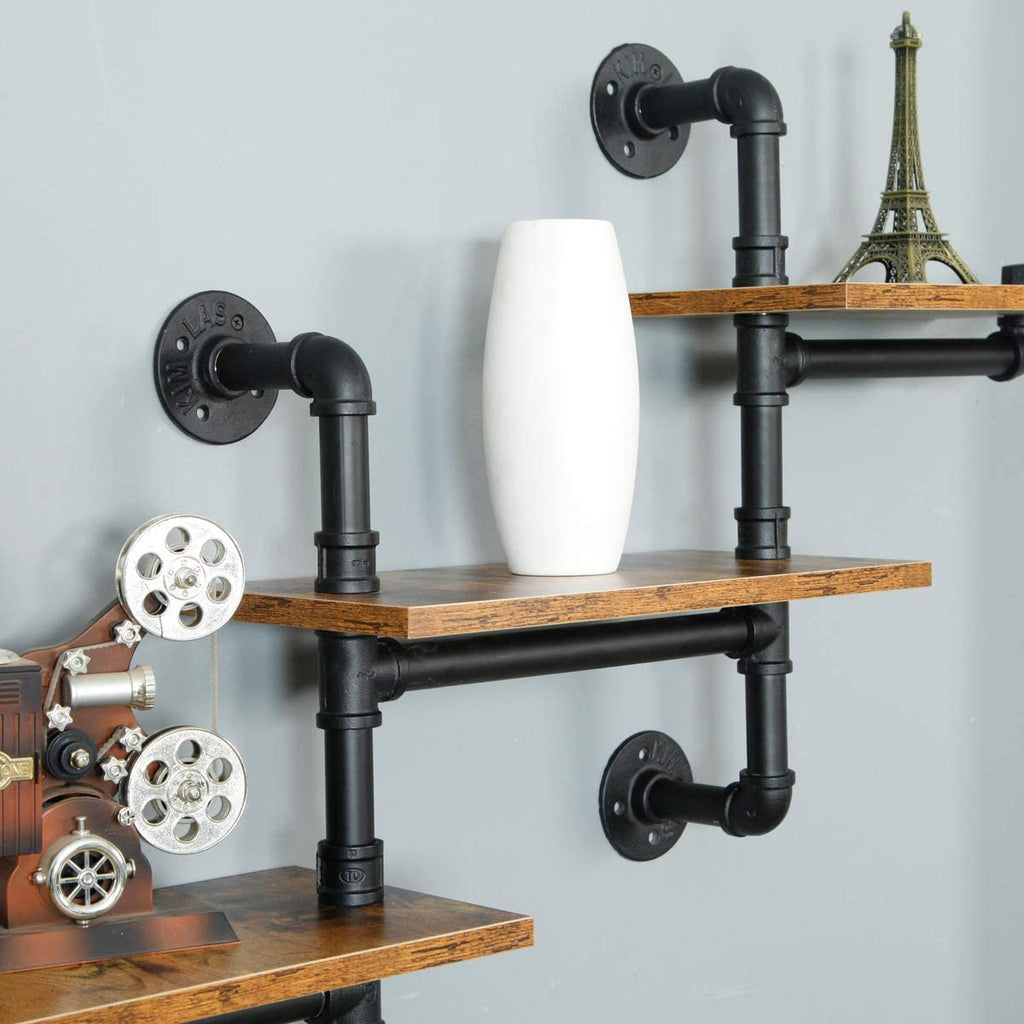 SaiDuoDuo 3-Tier Industrial Pipe Floating Shelves | Rustic Wood Wall Shelf