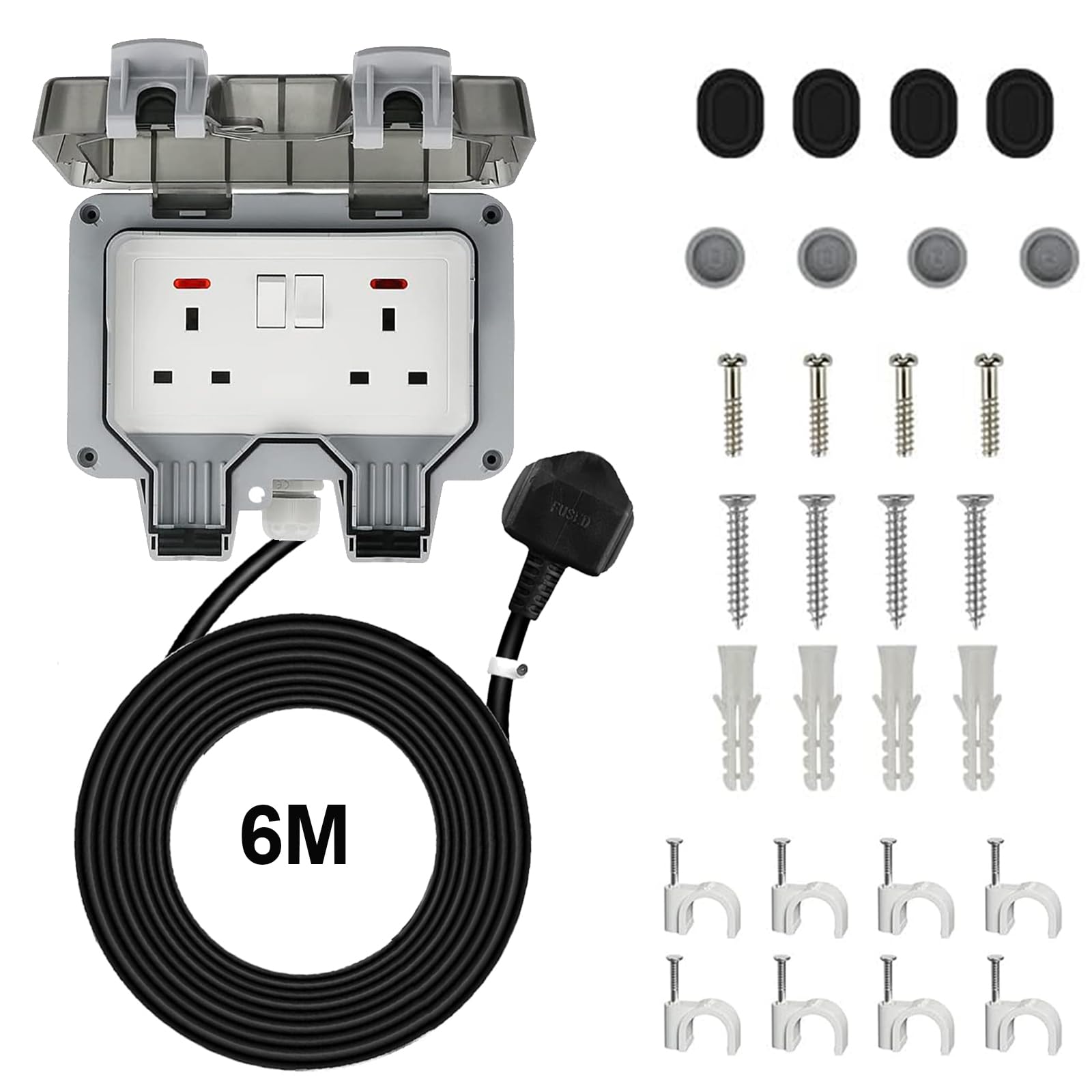 Bkiyougo IP66 Waterproof Double Outdoor Socket with 6M Extension Lead