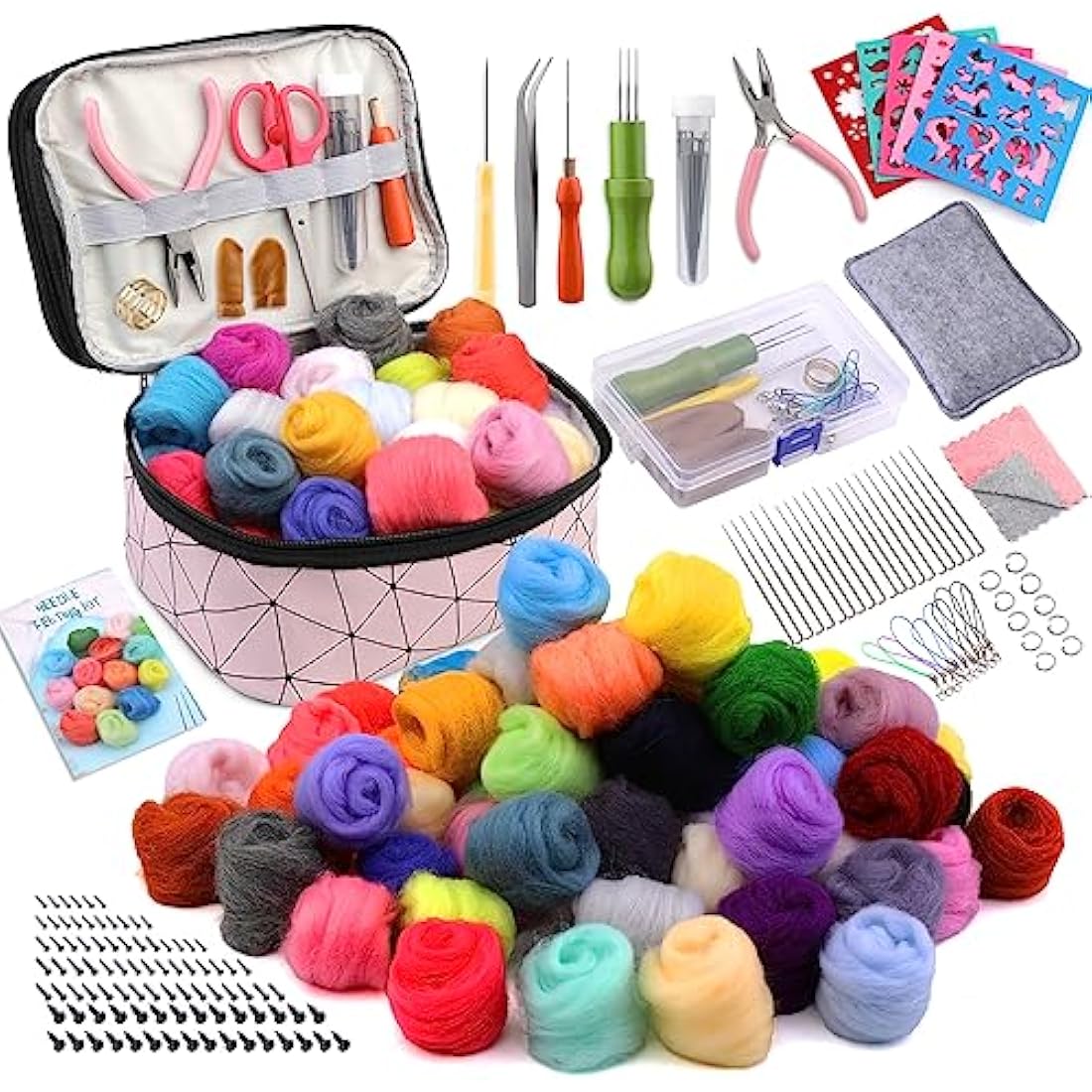 Axmru 60 Colors Needle Felting Kit – 215 Pcs Wool Roving Starter Set