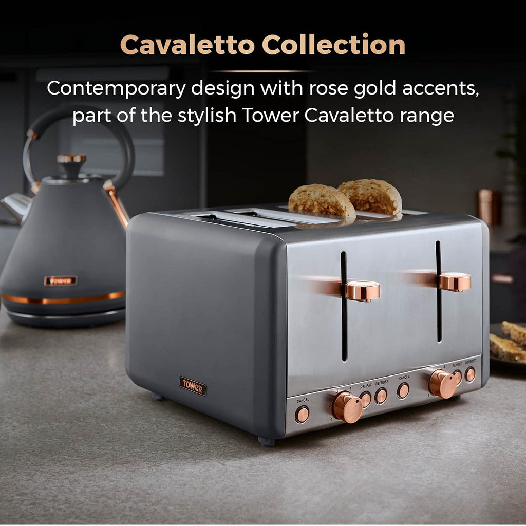 Tower Cavaletto 4-Slice Toaster | 1800W Stainless Steel | Grey & Rose Gold