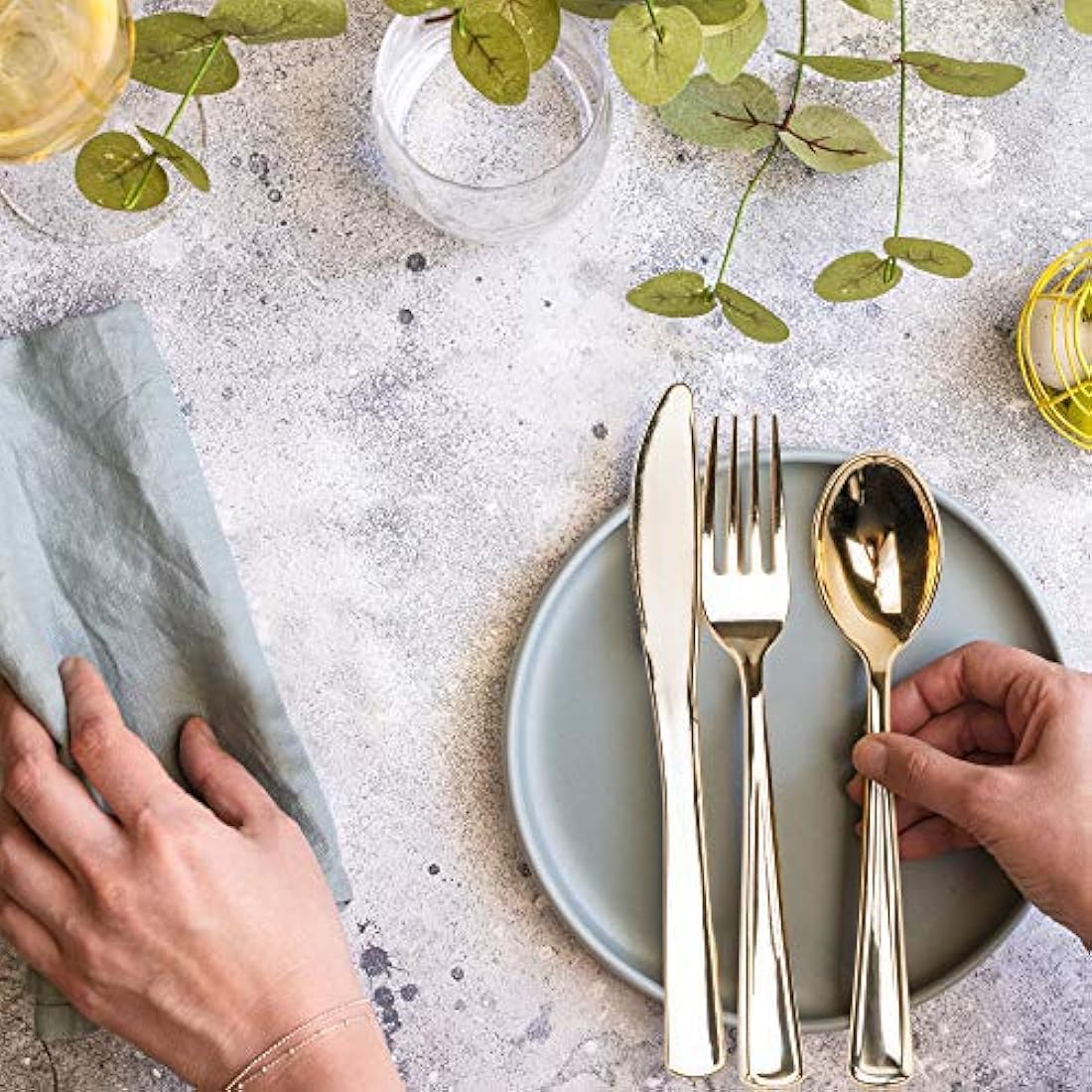 MATANA 180-Piece Gold Plastic Cutlery Set – Reusable Heavy Duty Tableware