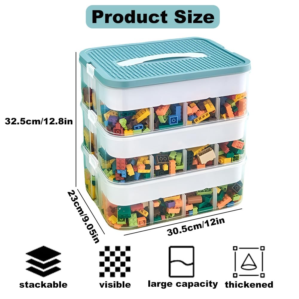 Storage Boxes,Kids Toy Lego Box,Stackable Toys Organizer with Lid,Handle,Plastic Multi Compartment Containers Chest Case for Storing - image 3
