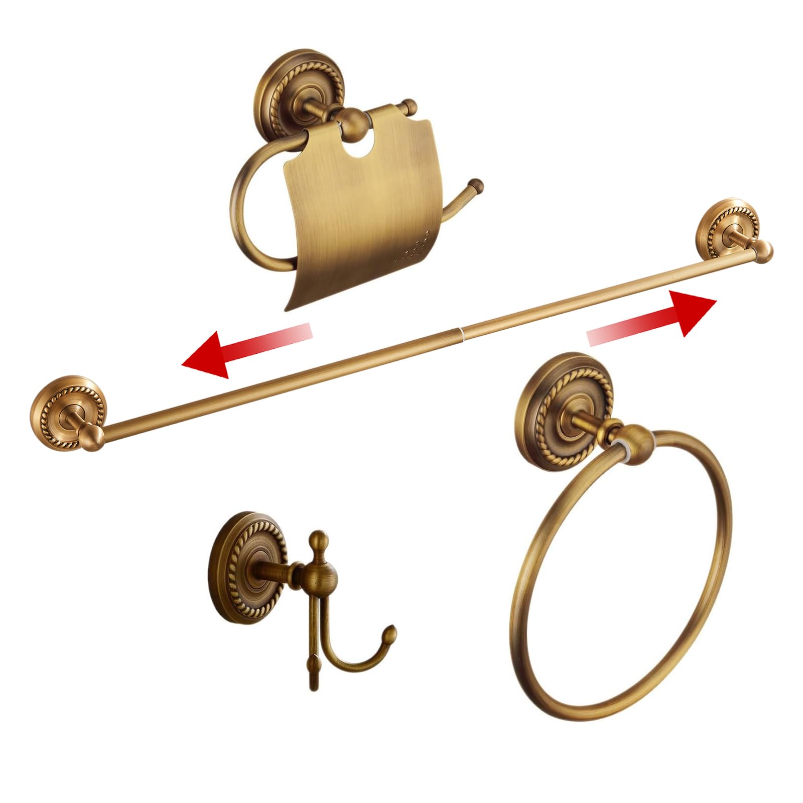 Antique Brass 4-Piece Bathroom Hardware Set - Solid Brass