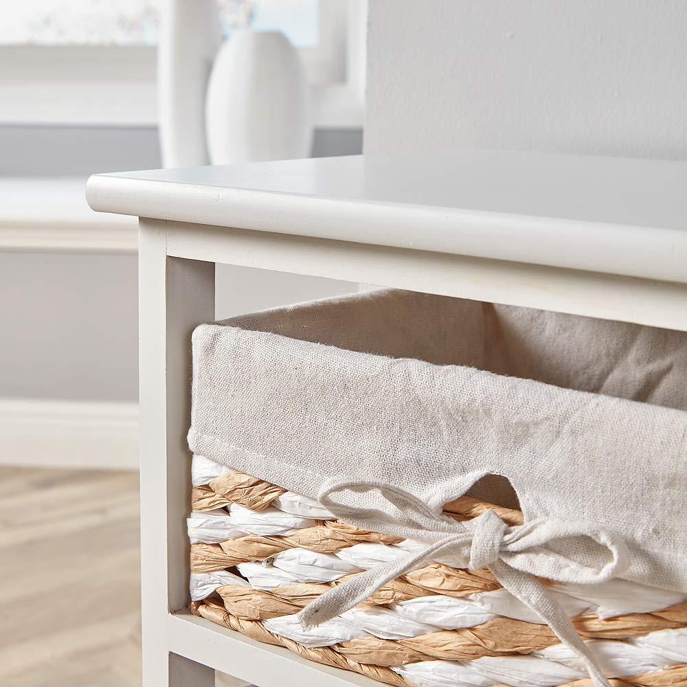 Home Source White Wooden Storage Chest with 3 Wicker Basket Drawers