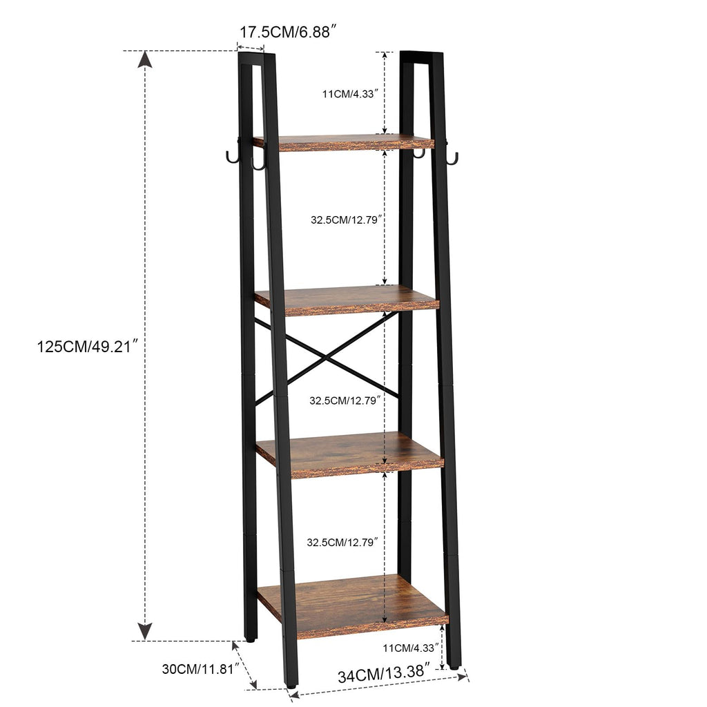 YMYNY 4-Tier Ladder Bookshelf | 125CM Industrial Rustic Brown Shelving Unit