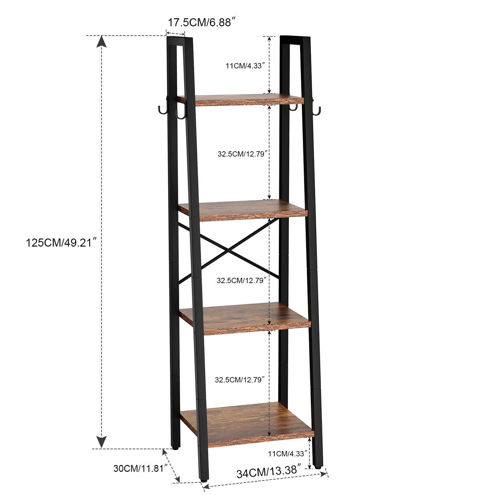 YMYNY 4-Tier Ladder Bookshelf | 125CM Industrial Rustic Brown Shelving Unit