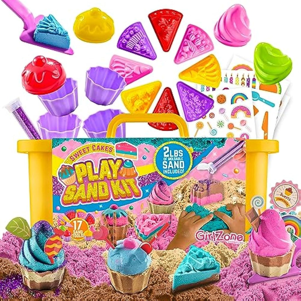 GirlZone Sweet Cakes Play Sand Kit | 2lbs Mouldable Sand & 17 Tools