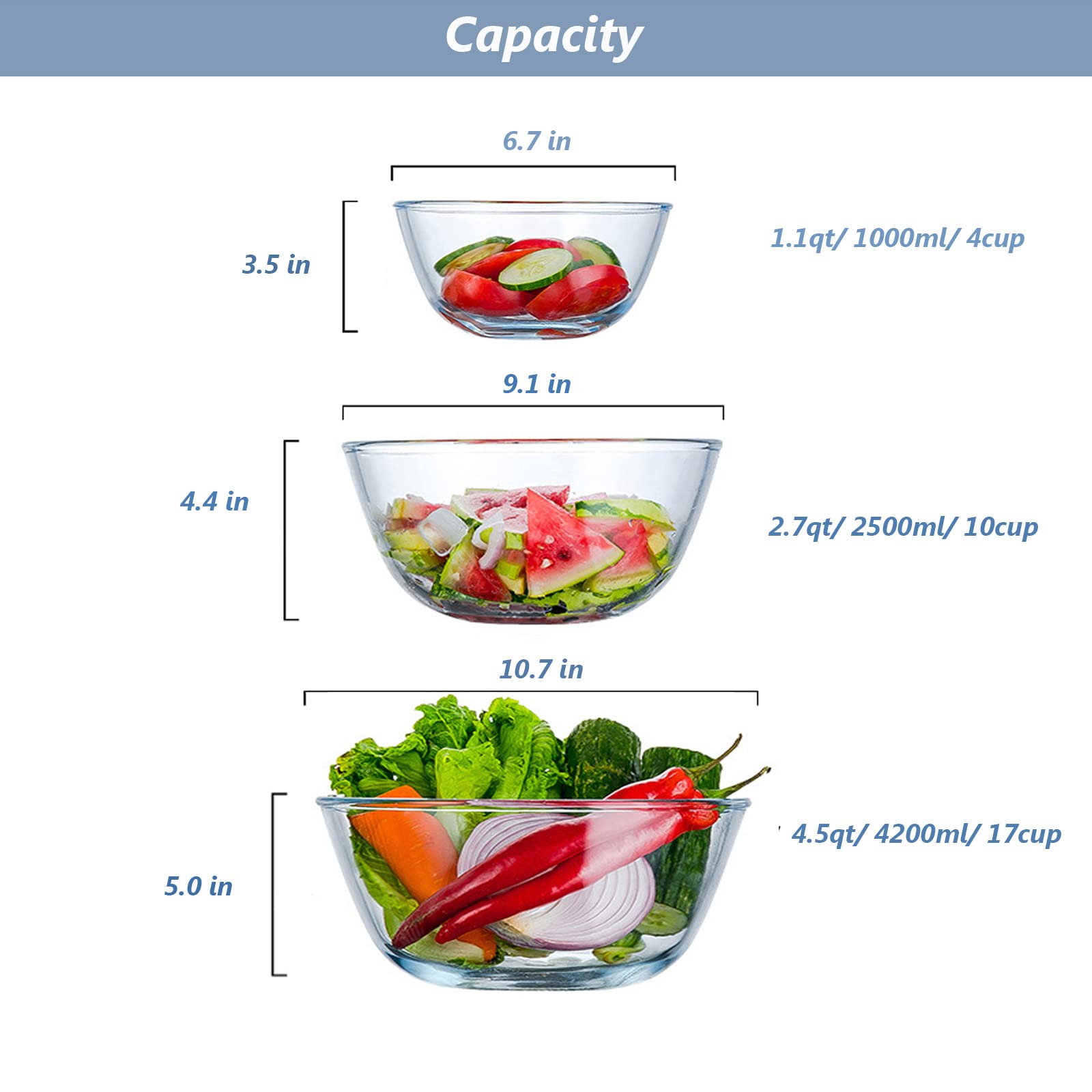 WhiteRhino Glass Mixing Bowls with Lids - 3pc Borosilicate Nesting Set