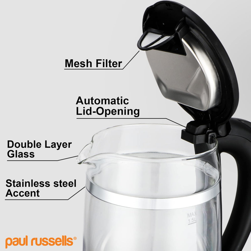 Paul Russells Electric Kettle | 1.5L Glass & Stainless Steel | 3000W