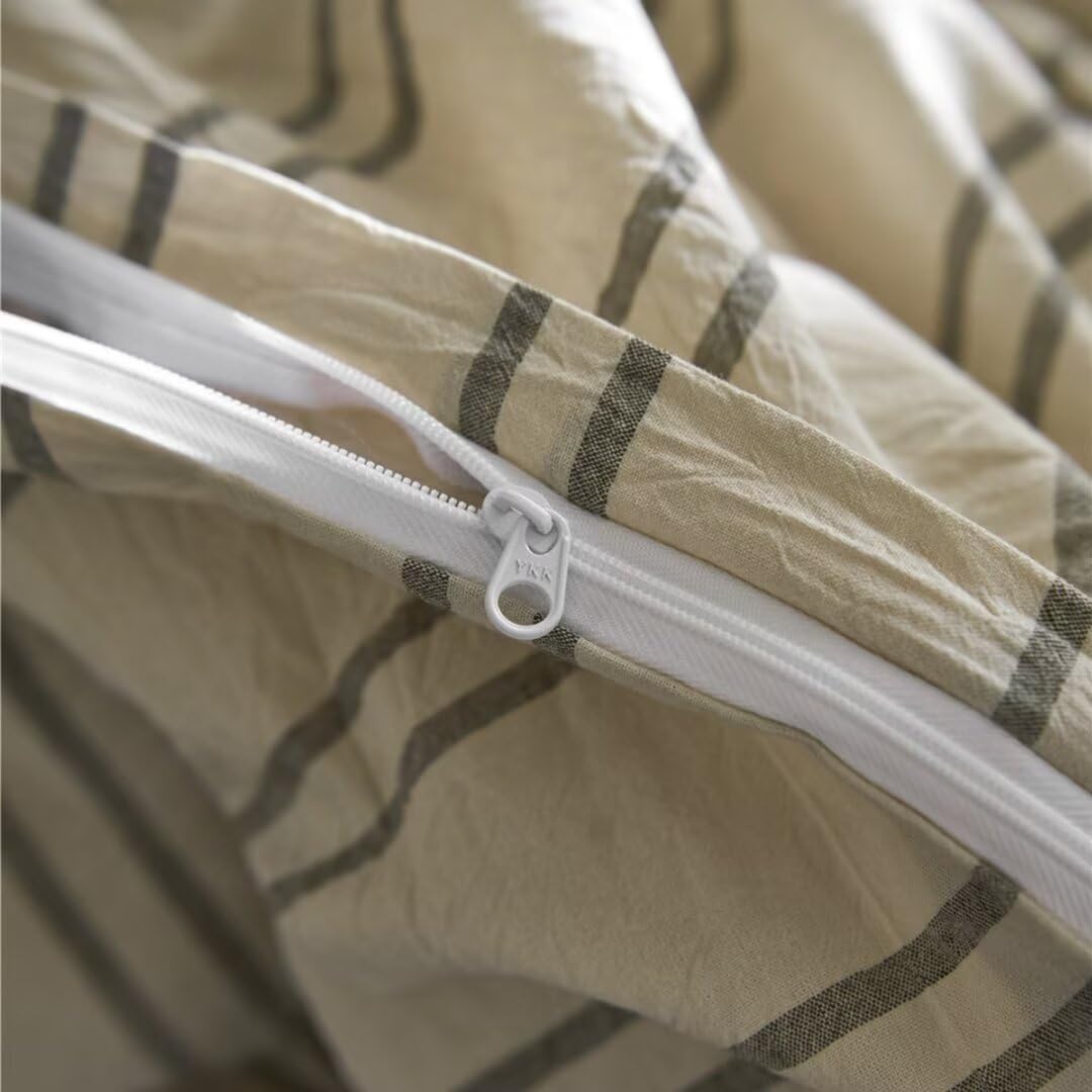 Ruccit Washed Cotton Duvet Cover Set – Beige & Green Striped Double Bedding