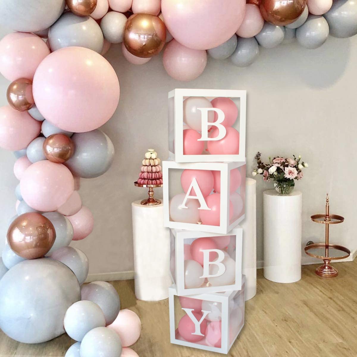 Jolof Store Baby Shower Balloon Boxes – 4Pcs White Transparent Decor Blocks