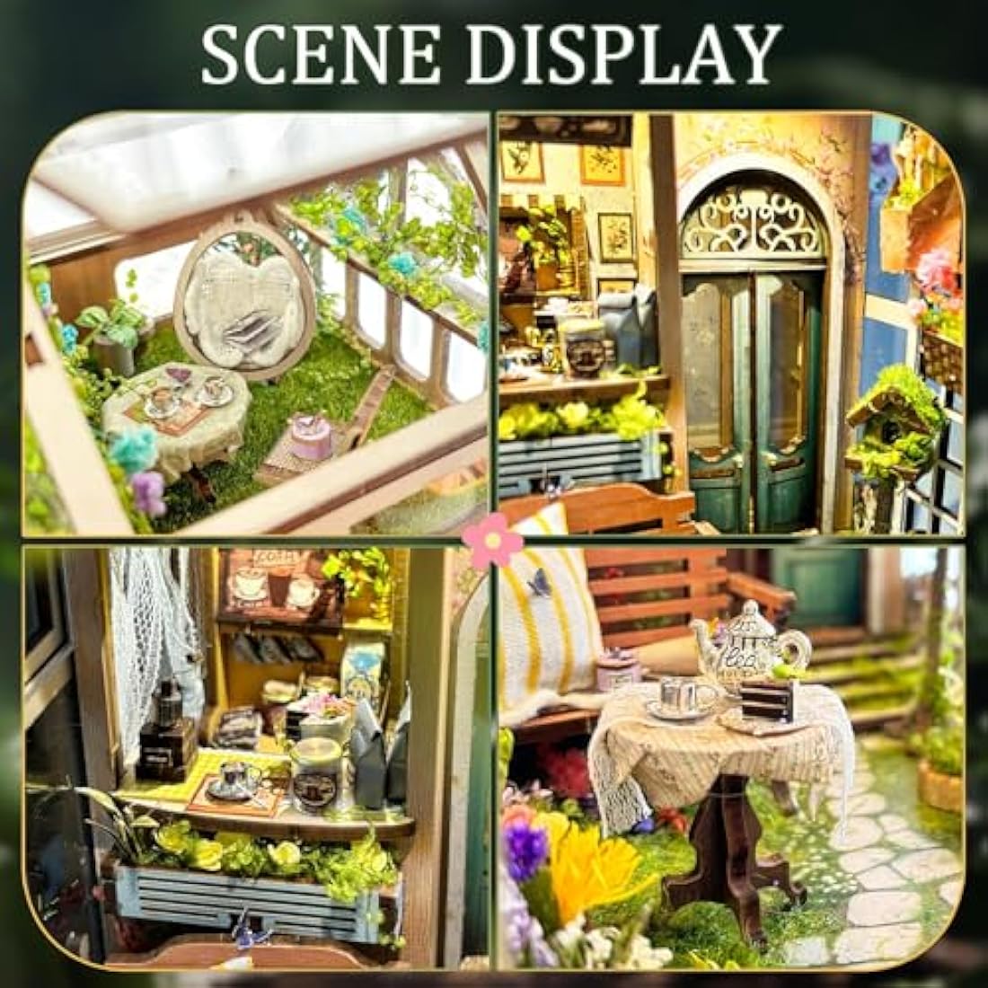CRIOLPO Tea Time Garden Book Nook Kit - 3D Wooden Miniature with LED
