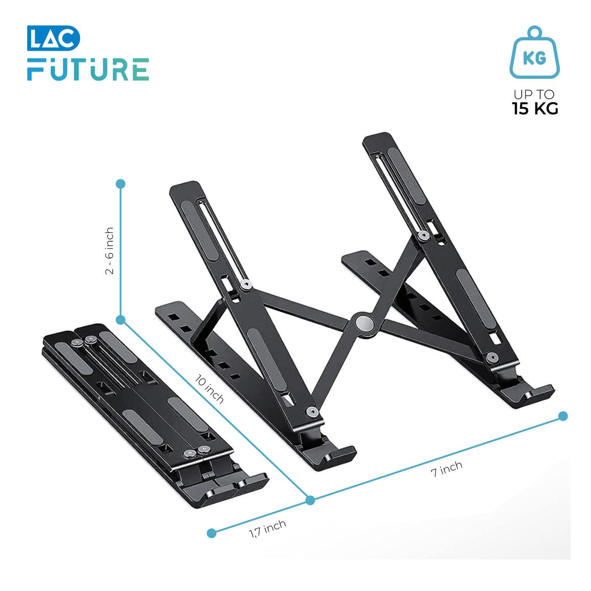LAC FUTURE Laptop Stand for Desk, Black Aluminium – Adjustable Laptop Stand 7 Levels, Foldable & Portable, Holder Ventilated, Non-Slip