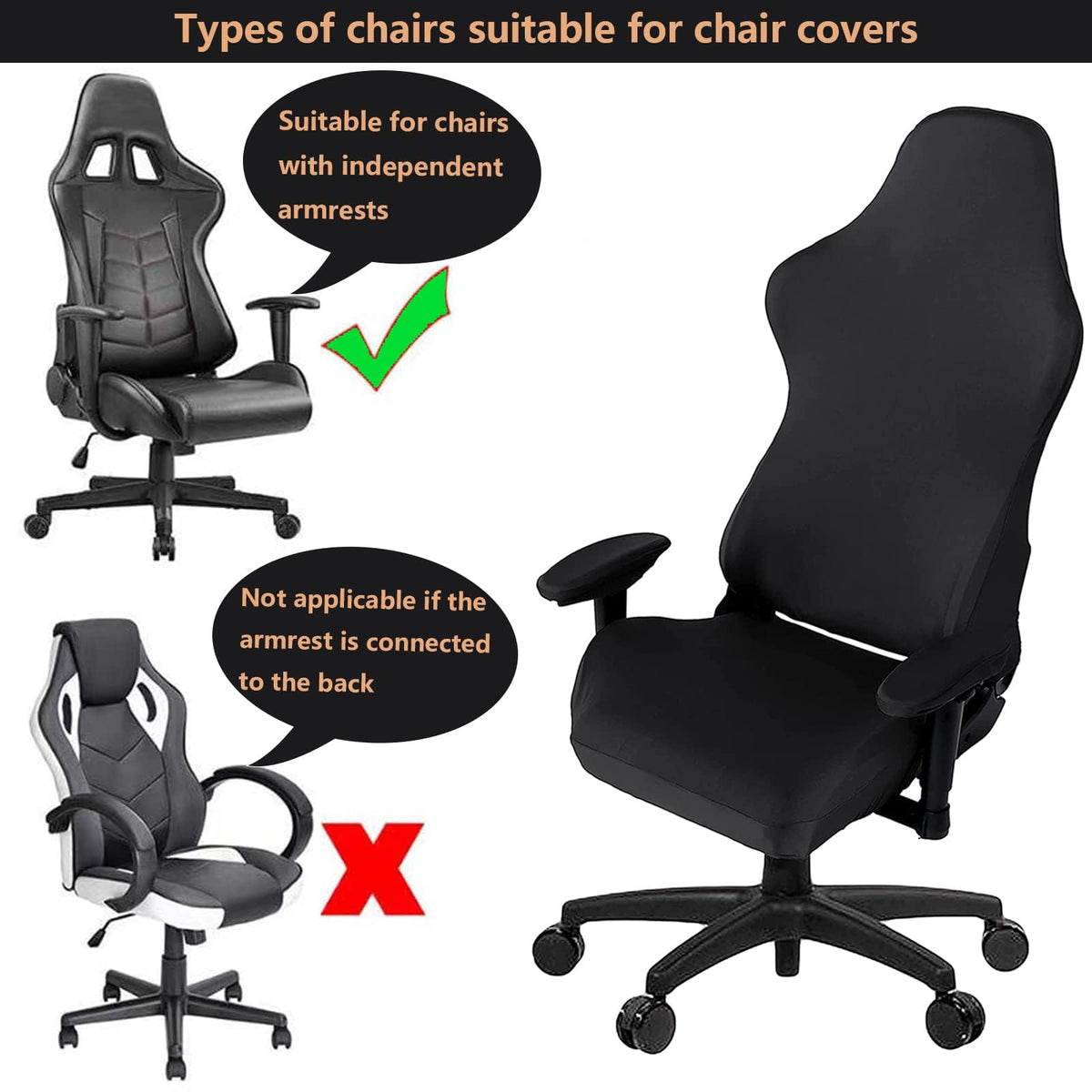 MiseYu Gaming Chair Cover, 4pc Set Armrest & Back & Seat Covers, Stretchable, Black, Modern Style, Gaming & Office Chair Cover - image 5