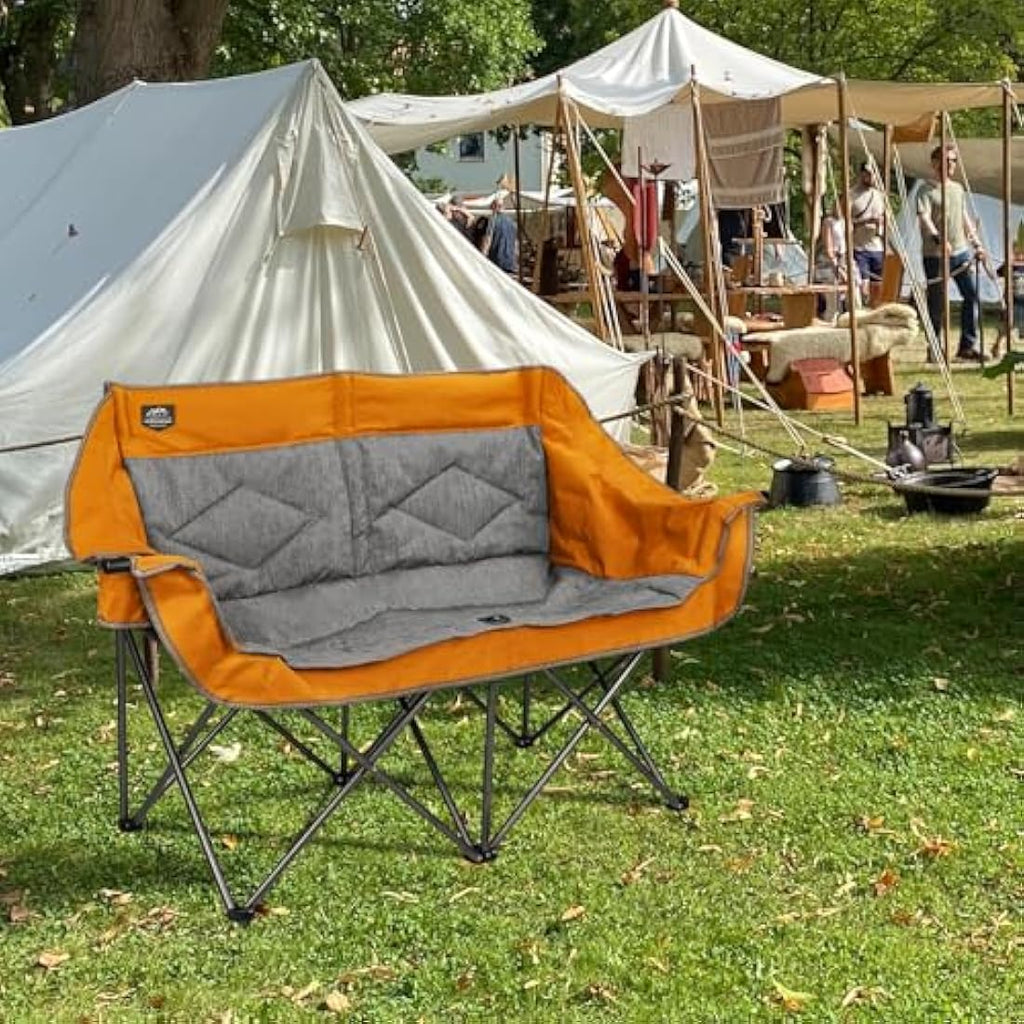 LANMOUNTAIN Folding Camping Loveseat – Heavy Duty Double Chair, Orange