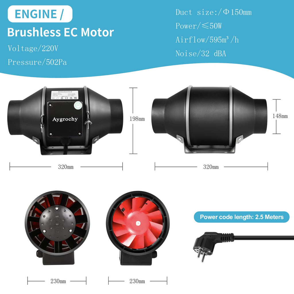 Aygrochy 6 Inch Quiet Inline Duct Fan with Variable Speed Controller