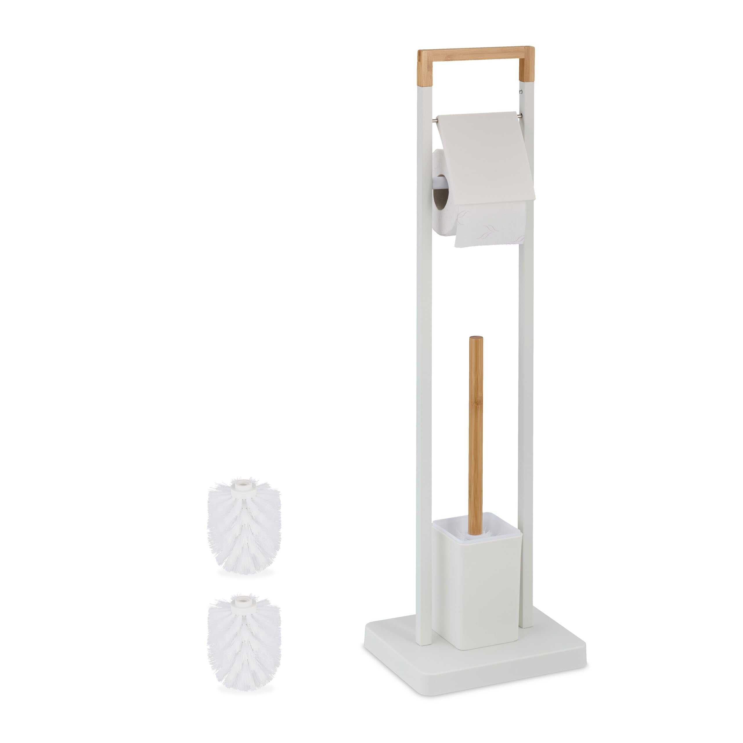 Relaxdays Bamboo Toilet Roll Holder & Brush Set - White Stainless Steel