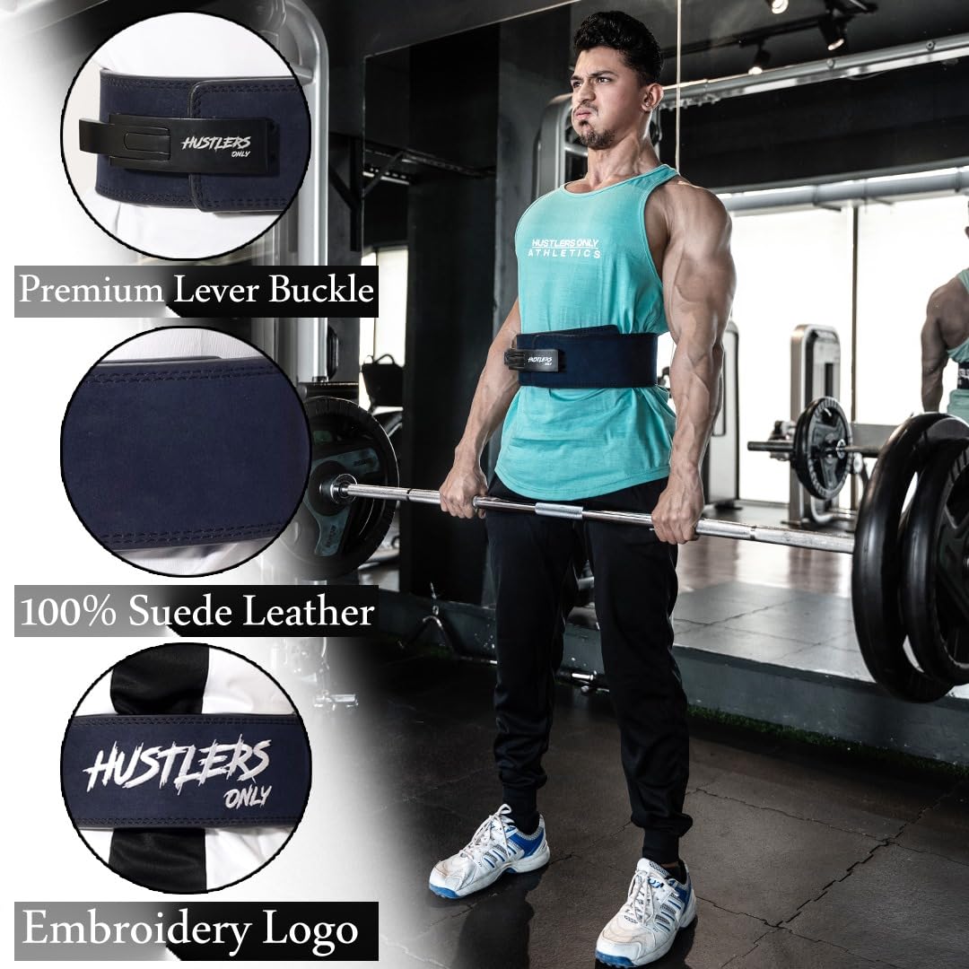 Hustlers Only 10mm Lever Weight Lifting Belt | Genuine Leather Blue