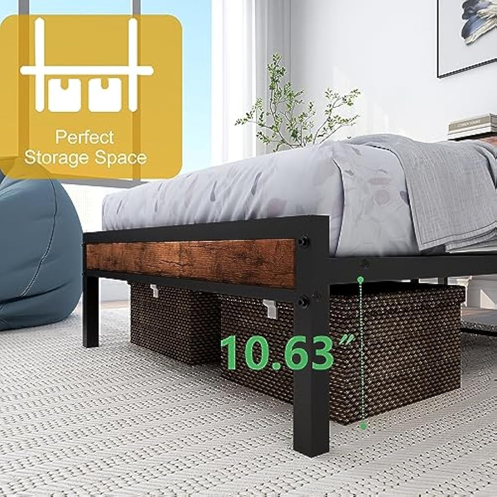 DUMEE Single Metal Bed Frame with Storage Headboard - Black & Brown